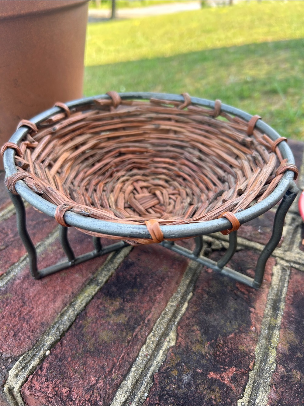 Woven Rattan Bowl on Metal Stand - Brown and Gray